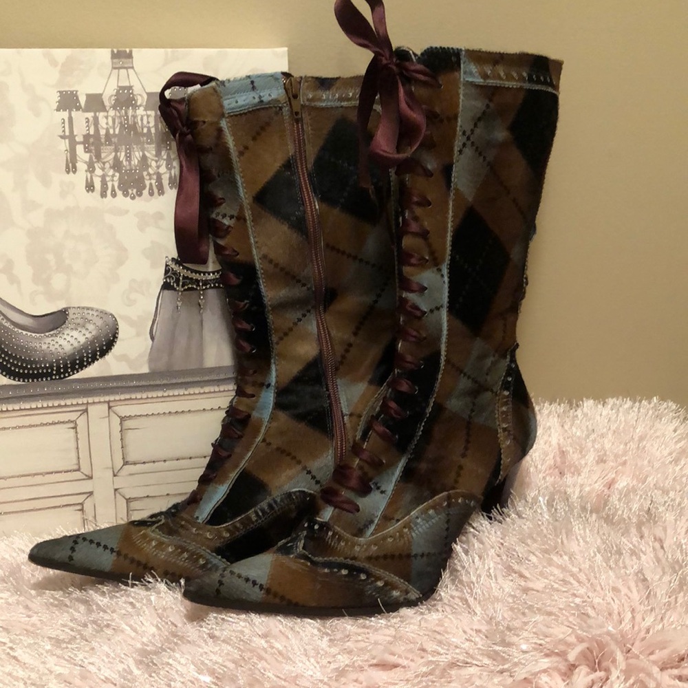 Rebeca Sanver Leather Plaid Fur Boots Wing Tip